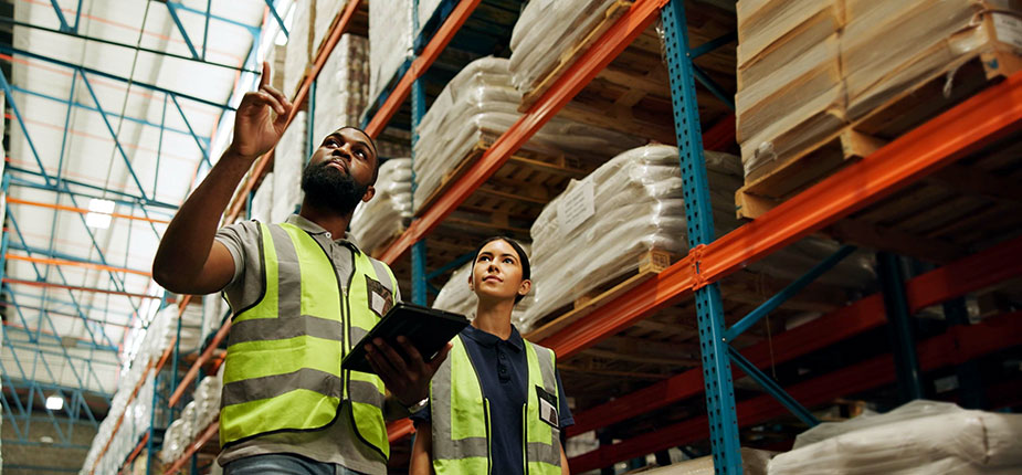 consumers energy worker pointing out energy savings in warehouse